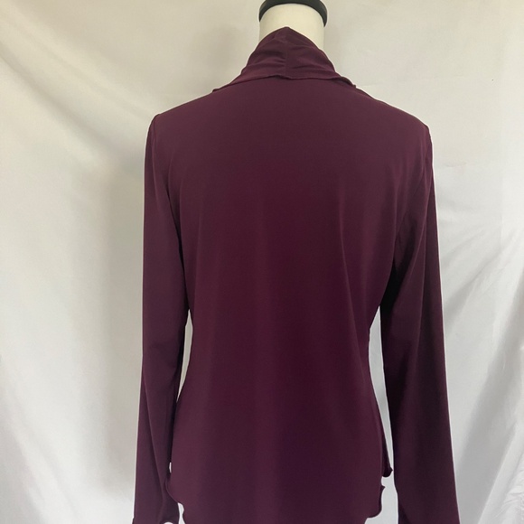 Woman’s Burgundy Open Front Lightweight Asymmetrical Ruffle Collar Cardigan - Picture 4 of 5